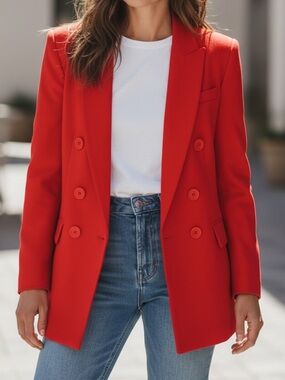Ports International Wool Vibrant Red Double Breasted Long Blazer Jacket Sz 8